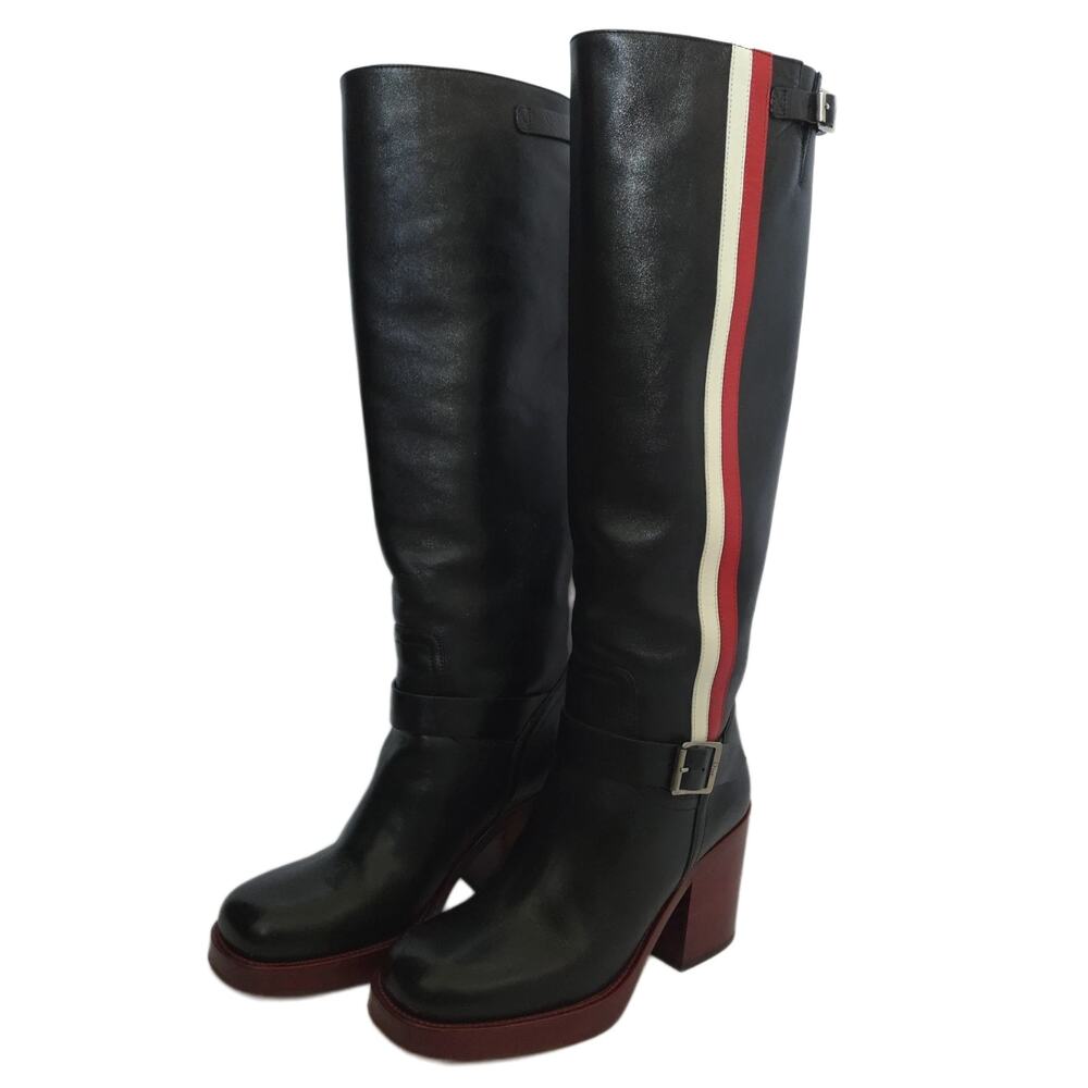 Christian Dior Black Leather Striped Knee-High Heeled Boots, EU 36 (US 6) - Picture 3 of 8
